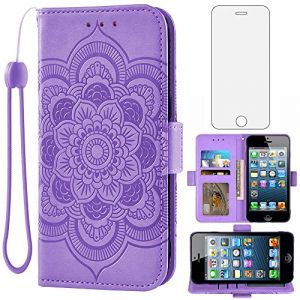 Asuwish Coque pour iPhone 5S/5/SE 2016 Portefeuille avec Verre Trempé et Porte Carte Chaine PU Cuir à Clapet Mandala Étui Housse Support i 5SE 1 S SE2016 1ere ere Generation Etui Téléphone Case Violet (Asuwish FC UK Store, neuf)
