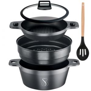Stone&Stone Set cuisini&egrave;re &agrave; vapeur &agrave; induction 24 cm | cuiseur &agrave; vapeur de cuisine + grill + cuiseur &agrave; vapeur pour aliments &agrave; 3 niveaux empil&eacute;s + couvercle en verre tremp&eacute; + cuill&egrave;re, S&S RS1003 (Eureka! sarl, neuf)