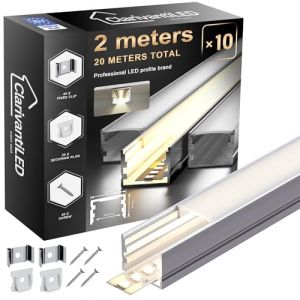 2m&times;10 Profil&eacute; Aluminium LED Rail avec Diffuseur Goulotte Profile Alu pour Ruban cache LED Profil en U Installation Facile Support bande baguette Couvercle Blanc Embouts Clips Montage encastrable placo (ClarivantiLED, neuf)