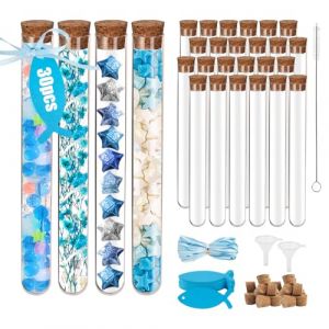 Lot de 30 Tube Essai avec Bouchon Liège 150 x 20 mm Tube Plastique Transparent Eprouvette Plastique avec 35 Carte de Poisson + 10m Ruban + 2 Petits Entonnoirs + 1 Pinceau pour DIY Décoration Cadeau (XIAQICA LTD, neuf)