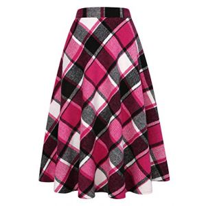 Ylingjun Jupe longue en laine &agrave; carreaux pour femme - Pour l'hiver et l'automne - Taille haute &eacute;lastique - &Eacute;vas&eacute;e - En tartan, rose rouge, Taille M (Paigtes, neuf)