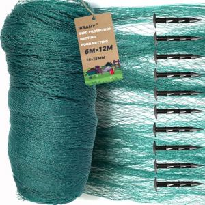 Filet Anti Oiseaux 6x12m Filet de Protection - avec Maille de 1,5 cm, Filet de Jardin Vert Inclus 10 piquets, Protection pour Jardin, verger, Potager, Balcon et (72m&sup2;) (Iksamy EU GmbH, neuf)