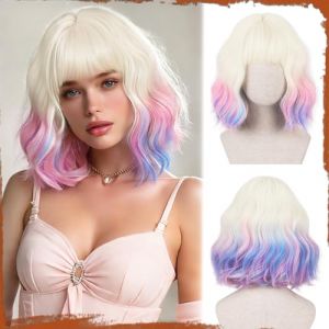 Sofeiyan Perruque courte ondul&eacute;e Bob avec frange Femmes 30 cm Arc-en-ciel Perruque synth&eacute;tique pour femmes Perruque naturelle boucl&eacute;e pour cosplay quotidien f&ecirc;te Halloween (SofeiyanEU, neuf)