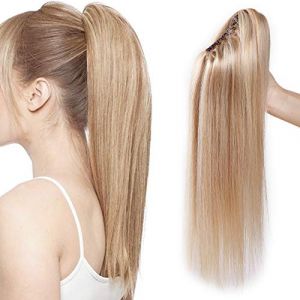 Postiche Queue de Cheval Blonde - Que Cheval Extension Cheveux Naturel Ponytail - Rajout Postiche Cheveux Naturel Humain - 45CM 18P613#Ash Blond & Blond tr&egrave;s Clair [Pince A Griffe] (Lenka Fashion Mode, neuf)