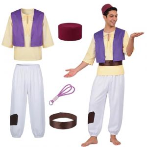 Tutukyle Costume Aladin Homme, Deguisement Aladin Adulte, avec Chemises, Gilet, Pantalons Longues, Lampe, Chapeau et Ceinture pour Hommes Costume d'Halloween Cosplay Carnaval F&ecirc;tes D&eacute;guisement (LINGYEAL, neuf)