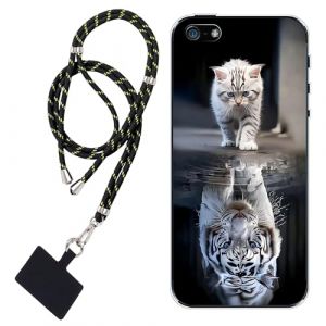 WUACYEAMING Coque pour iPhone 5/5S/SE(2016),Transparent Doux TPU Silicone &Eacute;tui pour t&eacute;l&eacute;phone Portable &Eacute;tui Flexible Chat et Tigre Tigre Blanc+1*Universelle Cordon Telephone Portable (WUACYEAMING, neuf)