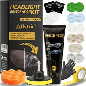 Allstric&reg; Kit Renovation Phare Voiture avec Vernis Phare Anti-UV et Polish Phare Voiture. Kit Polissage Phare Voiture Complet avec Produits de Nettoyage. R&eacute;novateur Phare pour Meilleure Visibilit&eacute; (Rodam Shop, neuf)