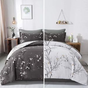 Freyamy Housse de Couette Floral 240x260+2 Taie d'oreiller 65x65cm Gris Foncé Fleurie Imprimé Parure de lit 2 Personnes Adulte Fleurs Sets de Housse Couette en 100% Microfibre avec Fermeture Éclair (Mitchell'SZ, neuf)