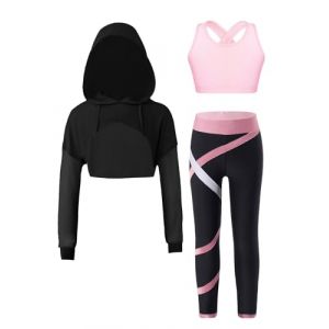 Doomiva 3 Pieces Ensemble Danse Moderne Jazz Fille Sweat a Capuche Brassi&egrave;re Sport Yoga Jogger Legging Tenue Danse Enfant 5-16 Ans Rose 9-10 ans (Doomiva EU, neuf)