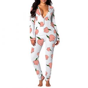 Loalirando Jumpsuit Femme Une Pièces à Manches Longues Vêtement de Nuit Pyjama Combinaison Pantalon Col V Sexy Tendance Cadeau Saint-Valentine (Blanc Pêche, M) (Biu-clothing, neuf)