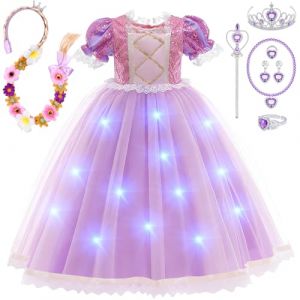 LED D&eacute;guisement Fille Light Up Raiponce Robe de Princesse avec Perruque Couronne Bracelet Collier Baguette Magique Lumineux Carnaval Halloween D&eacute;guisement Princesse Raiponce Costume pour Enfant Fille (Tacobear EU, neuf)