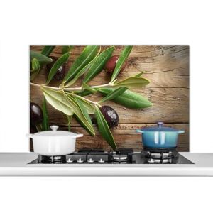 KitchenYeah© Fond de Hotte 100x65 cm Aluminium Crédence Cuisine Décoration Murale Crédence Plaque de Cuisson Anti Projection Olives - Feuilles - Bois - Nature Morte (KitchenYeah, neuf)