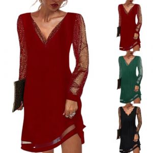 G&eacute;n&eacute;rique Femme &Eacute;l&eacute;gante Col en V Manches Longues Robe Paillettes Mini Robe de Soir&eacute;e Mariage Cocktail Chic C&eacute;r&eacute;monie Robes Cocktail Mini Shirt Robe #1 (01 Rouge, L) (Minenany, neuf)