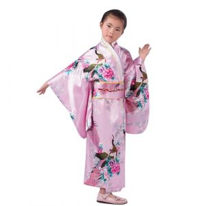 Robe Yukata Japonaise Kimono Enfant Imprim&eacute; Peignoir Long Robe Chinoise de Chambre Fille Gamins Traditionnel Classique V&ecirc;tements Soie Tissu Peignoir Mariage F&ecirc;te Performance Robes (Pink, 4-5 Years) (Beythetly, neuf)