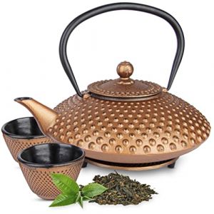 Tealøv THEIERE FONTE 1,25 LITRE SET COMPLET - BOÎTE CADEAU - Service à Thé en Fonte avec Théière, 2 Tasses & Dessous Théière - Entièrement Émaillée de l'Intérieur - Design De Style Japonais - Cuivre (Cook & Dine, neuf)