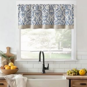 TOPICK Rideau Brise-bise, en Lin, Opaque, damass&eacute;, Vintage, Motif Floral, Style Maison de Campagne, Court, &agrave; Volant, pour Salon, 1 pi&egrave;ce, Bleu sur Beige, 45 x 125 cm (l x H) (Audrey Home Fashion, neuf)