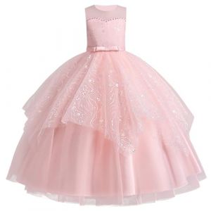 IDOPIP Robe Enfant Fille Mariage Dentelle Tulle sans Manches Broderie Perles Bow Demoiselle d'honneur Anniversaire Partie Princesse Longue Robe De Bal Soirée Rose 130 (BXH, neuf)