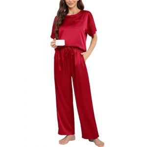 Nanxson Femmes Satin Pyjama Set Deux Pi&egrave;ces Pyjama Manches Courtes Pyjama avec Long Pyjama Pantalons Ensemble Soft Casual Wear(L,Rouge fonc&eacute;) (Nasisa, neuf)