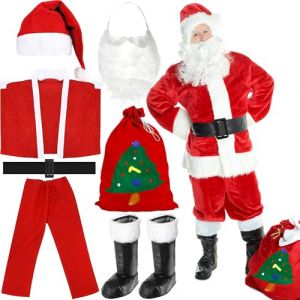 TEWWCEO Homme Costume de Père Noël 7pcs Déguisement de Père Noël Homme Adulte Costume Déguisement Noël Rouge Velours de Luxe Vêtement de Père Noël pour Saint Nicolas, Noël, Carnaval, Fête à Thème (RAGUCCI, neuf)