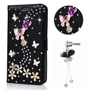 Coquille pour Samsung Galaxy A02s Paillettes 3D Etui Cuir Housse Coque Bling Portefeuille Wallet PU &Eacute;tui en Cuir Flip Magn&eacute;tique Noir Motif Strass Diamants 3D Papillon Housse Samsung Galaxy A02s (Bolong, neuf)