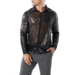 Chemise brillante pour hommes, paillettes &agrave; manches longues 70s 80s chemise de robe disco, bouton r&eacute;tro t-shirt de danse scintillante, maille transparente en maille avant pour la bo&icirc;te nuit la f&ecirc;tee (RichUp, neuf)