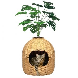 Niche à litière cachée pour chat avec fausse plante, jardinière ronde décorative en rotin tissé à la main, lit d'intérieur pour chat avec filtre de contrôle des odeurs, dans le salon, la chambre à (NUUUSHOP, neuf)