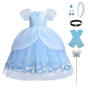 Filles Cendrillon Robe Déguisement Enfant Cinderella Princesse Costume Halloween Carnaval Cosplay Noël Soirée Cérémonie Costumée Anniversaire Fête avec Accessoires Bleu Voiture Citrouille 5-6 Ans (FYMNSI store, neuf)
