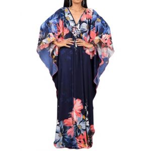 Bsubseach Caftan Femme Robe de Plage Grande Taille Longue Kaftan Maxi Ete Cache Maillot de Bain Djellaba Tunique Bohème Boho Cover Up Marine Fleur (Bsubseach-EU, neuf)