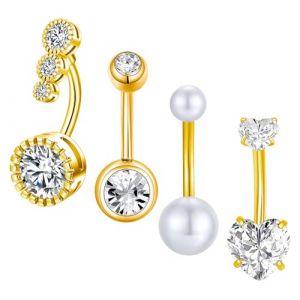 Gojewen 4 pièces anneaux pour boutons de nombril en acier inoxydable 14G avec cœur CZ perle cristal Bijoux de piercing pour le ventre (Gojewen Jewelry, neuf)