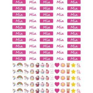 Étiquettes autocollantes personnalisées pour filles avec nom pour filles, imperméables, lot de 50 pièces féminines de couleur rose avec de jolis dessins à thème. (Mia) (Corredino Neonato, neuf)