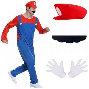 YISKY D&eacute;guisement Mario et Luigi pour Adulte, Deguisement Adulte Mario, Mario et Luigi Costume de Cosplay, Bonnet, Barbe, Gants, Costume de Carnaval Halloween Cosplay (Rouge) (YISKY, neuf)
