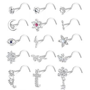 Adramata 15 Pcs 20G Piercing Nez Anneau de Nez pour Femme Homme Piercing Nez en Acier Chirurgical L/Vis en Forme de Serpent Fleur Clous de Nez Argent Or Piercing au Nez Bijoux (jjccui, neuf)