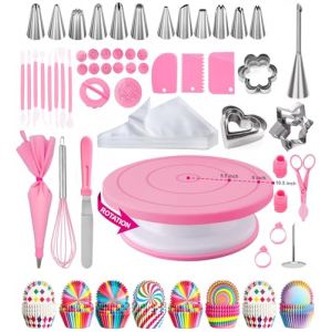 Kit Patisserie,Plateau Tournant Patisserie,Patisserie Accessoire,Ustensiles à Pâtisserie Inclure Plateau Tournant, Poche a Douille, Decoration Gateau Anniversaire (Couleur rose) (HEIYUNBAITU, neuf)