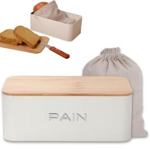 KOOK TIME Bo&icirc;te &agrave; Pain en M&eacute;tal avec Couvercle en Bambou &ndash; Huche &agrave; Pain Ventil&eacute;e &ndash; Design Moderne &ndash; Inclut Sac &agrave; Pain en Coton &ndash; 34x19x12.5 cm. - Blanc Mat (Kook Shop, neuf)