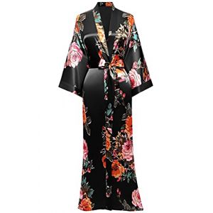 BABEYOND Robe de chambre très longue en satin pour femme, kimono d’été à motif floral, long peignoir kimono imprimé, pour soirée pyjama entre filles, taille unique (BABEYOND  FR, neuf)