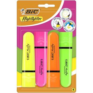 BIC Lot de 4 surligneurs plats Higlighter 4 couleurs (jaune, orange, rose, vert), encre à base d'eau, séchage rapide (DLM Direct FR, neuf)