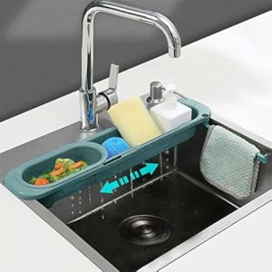 SEIYOGDS Support Télescopique De Vidange D'évier, Rangement Evier avec Porte-Serviettes, Support de Savon De Stockage Extensible éponge égouttoir Plateau d'évier pour Cuisine à Domicile (Vert) (ROY-EU, neuf)