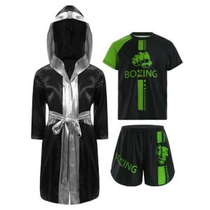 Oyolan Enfant Garçon Short de Boxe et T-Shirt Peignoir Robe de Boxe à Capuche Ensemble Combat Muay Thai MMA Kick Boxing A Vert 7-8 Ans (Oyolan EU, neuf)