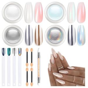 MODELONES Perle Poudre Ongles Blancs, 13PCS Vernis avec 4 Fards Poudre & M&eacute;taux Brillants, 4 Nuanciers Ongles, 4 Palettes Yeux, 1 Stylo D&eacute;tail (MJ BEAUTY, neuf)