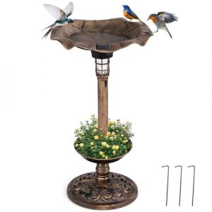 GYMAX Bain d'Oiseau Lumineux Solaire, Mangeoire sur Pied 76cm avec Jardinière, 3 Piquets Inclus pour Stabiliser, Abreuvoir Décoratif Vintage pour Jardin, Cour, Patio (Cuivre) (GYMAX EU, neuf)
