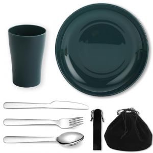 Evanda Ustensiles de Cuisine de Camping 5 pi&egrave;ces, Tasse l&eacute;g&egrave;re r&eacute;utilisable, Assiette et Couverts en Acier Inoxydable avec Sac Noir, pour Le Camping 1 Personne, Lavable au Lave-Vaisselle (Shenzhenshi Yiwangda Jiajuyongpin Youxiangongsi, neuf)