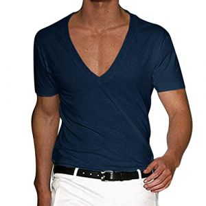 T-shirt &agrave; col en V profond pour homme - Col V - Invisible et respirant - Ourlet crois&eacute; - Muscle extensible - Gym - Entra&icirc;nement - Manches courtes - Coupe basse, Marine, M (Yaostore*, neuf)