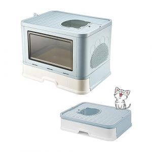 MINGYI Bac à Litière pour Chat Fermée, Grande Maison de Toilette Chat Pliable avec Couvercle, Tiroir à Litière avec Pelle, WC pour Chats, Jusqu'à 7 kg (Bleu L 48,5×38×36,5 cm) (XUASHW, neuf)