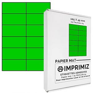 300 étiquettes autocollantes Vert fluo de 105 X 49,5 mm - 12 étiquettes/feuille - 25 planches papier A4 adhésif couleur - pour impression Laser et Jet d'encre (Boutique-Design, neuf)