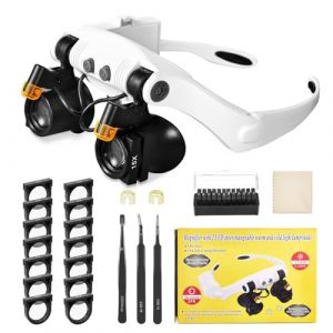 Anpro Loupe Lunette Professionnelle avec Lumière LED, Grossissement Maximum 25X avec 14 Lentilles (3X, 4X, 5X, 6X, 7X, 10X, 15X), Lunette Loupe Grossissante avec Angle Réglable/Pince ESD (GraceMind Mart, neuf)
