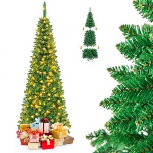 GOPLUS Sapin de Noel Artificiel Lumineux 200cm, Sapin de No&euml;l Mince avec 250 LED Blanche Chaude, 708 Branches en PVC, Ouverture Parapluie, D&eacute;coration No&euml;l pour Maison Entreprise (Augenstern24, neuf)