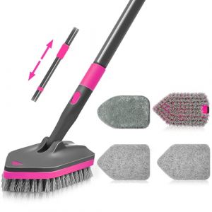 NEWE Brosse de Nettoyage, Brosse &agrave; R&eacute;curer avec Manche Long T&eacute;lescopique 142 cm, 4 T&ecirc;tes de Lavage pour Nettoyer la Salle de Bain, la Baignoire, Le Sol, la Plinthe, l'&eacute;vier, la Cuisine (Rose Rouge) (NEW E, neuf)