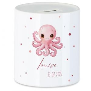 Kiddle-Design Tirelire pour enfants avec nom personnalis&eacute;, motif animal pieuvre cadeau pour fille & gar&ccedil;on anniversaire, No&euml;l, naissance et bapt&ecirc;me - Cochon tirelire cadeau d'argent et exau&ccedil;ant les (Kiddle-Design, neuf)