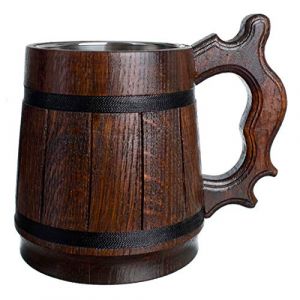 Chope à bière avec intérieur en acier inoxydable faite à la main 0.6 litre/Produit écologique en bois naturel en couleur marron foncé classique (Teslyar, neuf)
