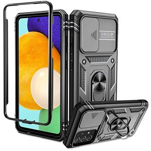 Coque Samsung A52 Antichoc【avec Verre Tremp&eacute;+Full Protection Cam&eacute;ra Coulissante】Support 360&deg; Rotatif Militaire PC Dur Renforc&eacute;e Armor Bumper Housse Etui,pour Samsung Galaxy A52 4G / 5G / A52s 5G ,Noir (Pilaru, neuf)